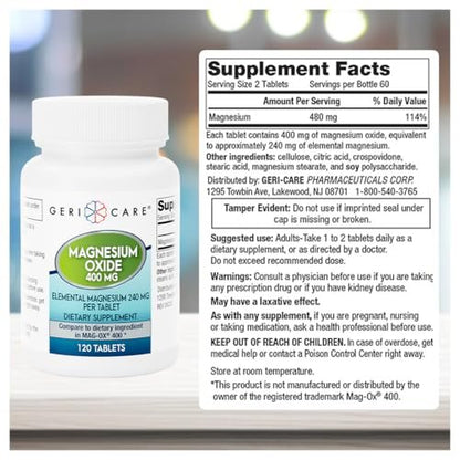 GeriCare Magnesiumoxid-Präparat – 240 mg elementares Magnesium, 120 Tabletten, essentieller Mineralstoff zur Unterstützung der Gefäßgesundheit, Knochenstärke und Muskelfunktion (3er-Pack)