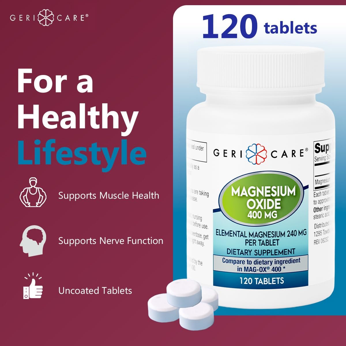 GeriCare Magnesiumoxid-Präparat – 240 mg elementares Magnesium, 120 Tabletten, essentieller Mineralstoff zur Unterstützung der Gefäßgesundheit, Knochenstärke und Muskelfunktion (3er-Pack)