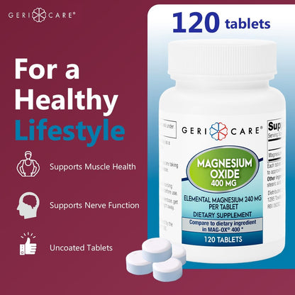 GeriCare Magnesiumoxid-Präparat – 240 mg elementares Magnesium, 120 Tabletten, essentieller Mineralstoff zur Unterstützung der Gefäßgesundheit, Knochenstärke und Muskelfunktion (3er-Pack)
