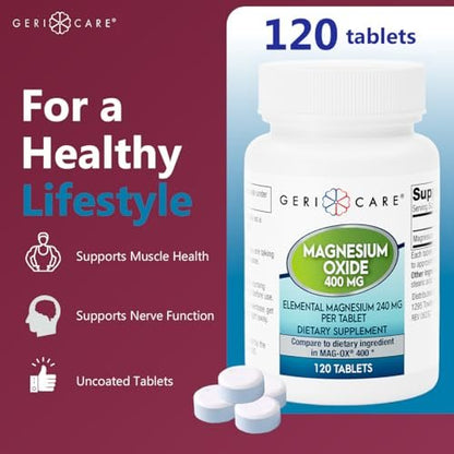 GeriCare Magnesiumoxid-Präparat – 240 mg elementares Magnesium, 120 Tabletten, essentieller Mineralstoff zur Unterstützung der Gefäßgesundheit, Knochenstärke und Muskelfunktion (3er-Pack)