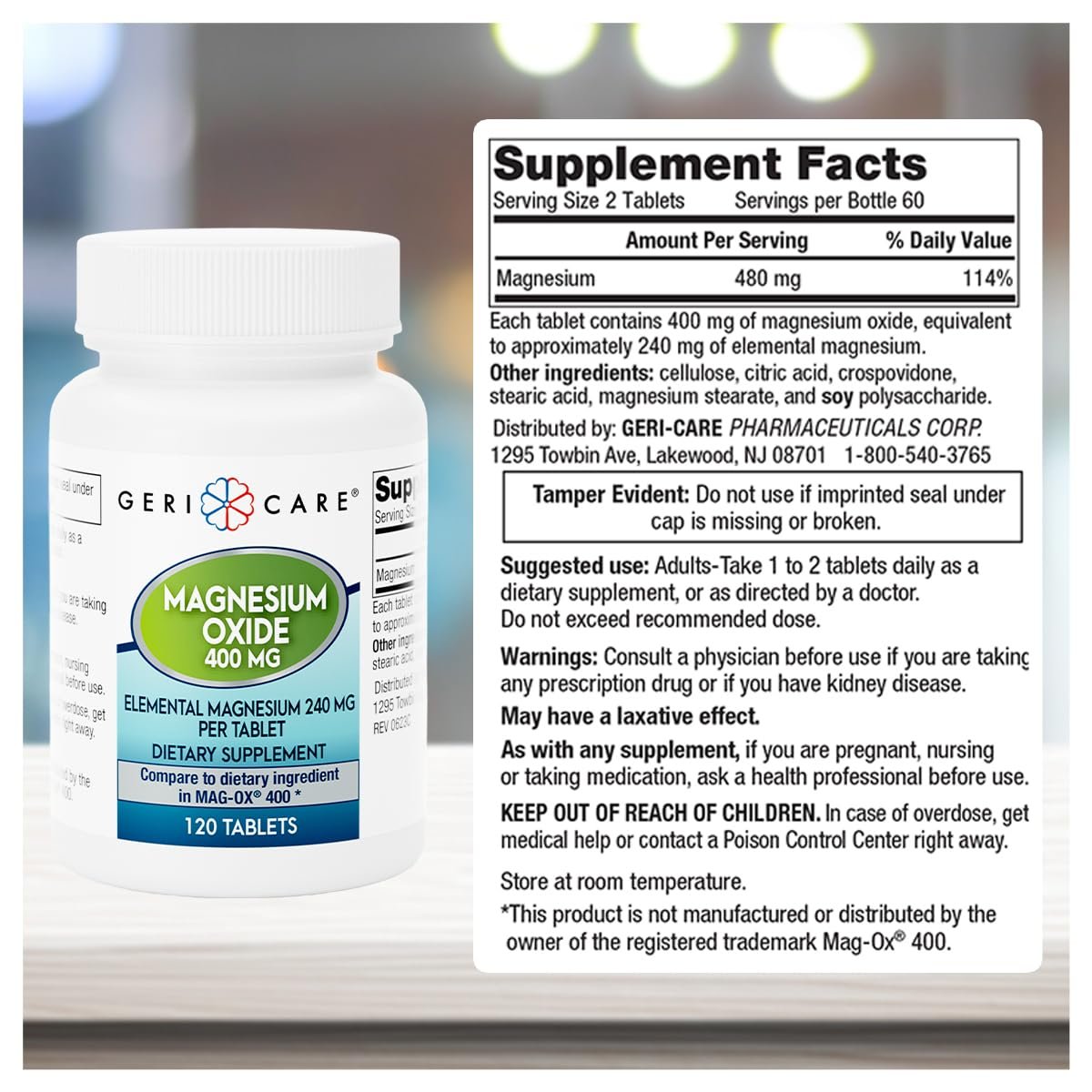 GeriCare Magnesiumoxid-Präparat – 240 mg elementares Magnesium, 120 Tabletten, essentieller Mineralstoff zur Unterstützung der Gefäßgesundheit, Knochenstärke und Muskelfunktion (3er-Pack)