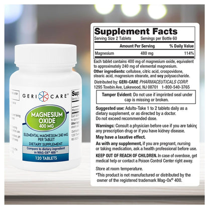 GeriCare Magnesiumoxid-Präparat – 240 mg elementares Magnesium, 120 Tabletten, essentieller Mineralstoff zur Unterstützung der Gefäßgesundheit, Knochenstärke und Muskelfunktion (3er-Pack)