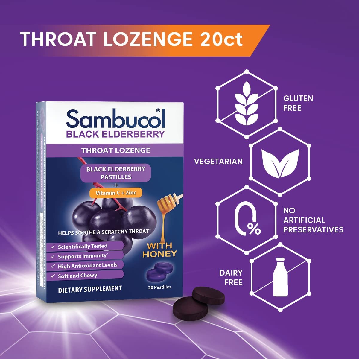 Sambucol Holunderbeeren Lutschtabletten mit Vitamin C, Zink & Honig – 20 Stück