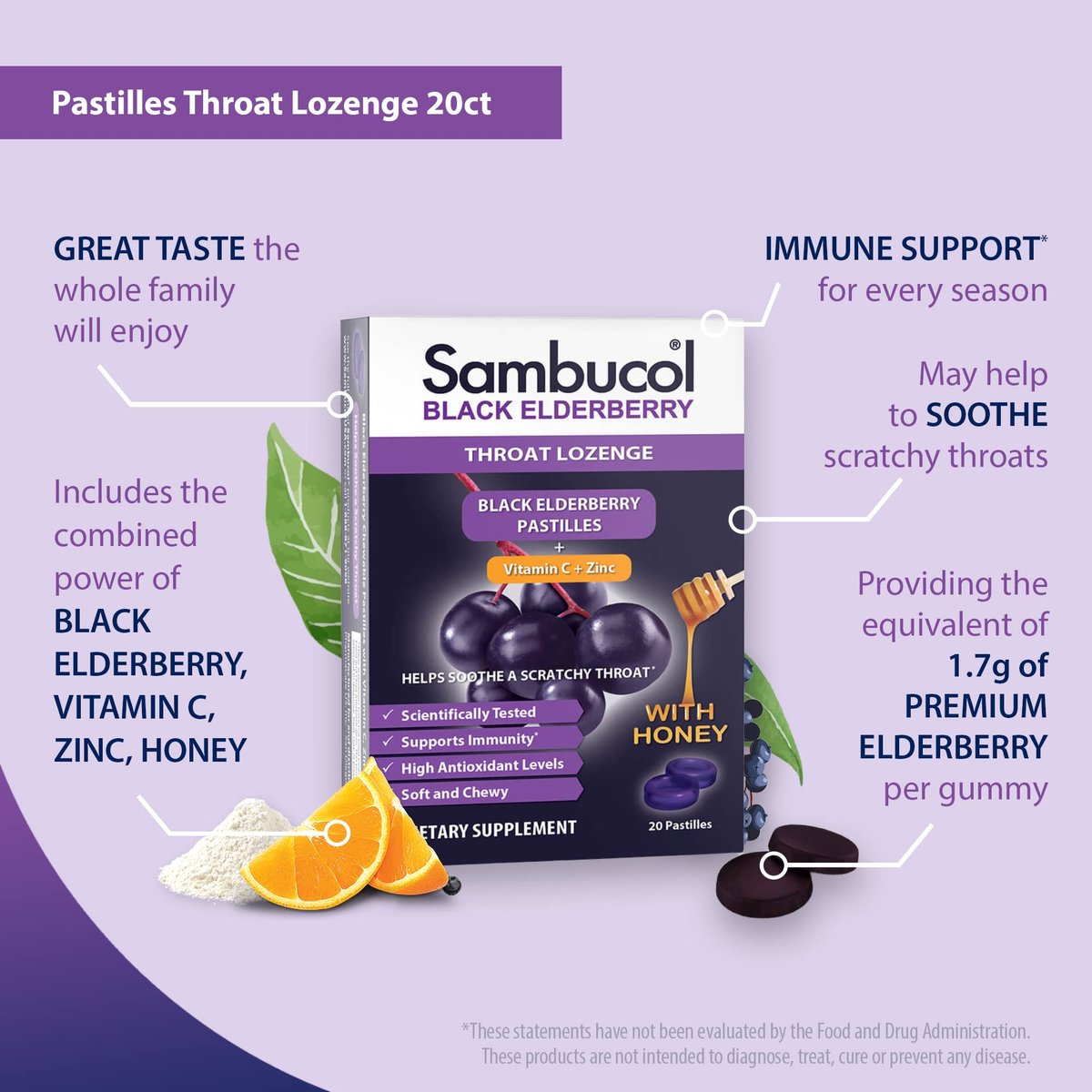 Sambucol Holunderbeeren Lutschtabletten mit Vitamin C, Zink & Honig – 20 Stück