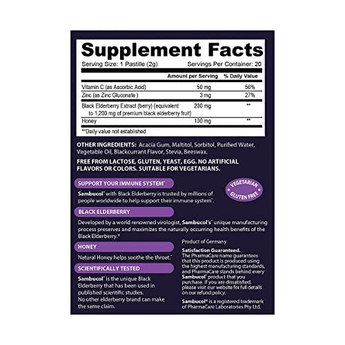 Sambucol Holunderbeeren Lutschtabletten mit Vitamin C, Zink & Honig – 20 Stück