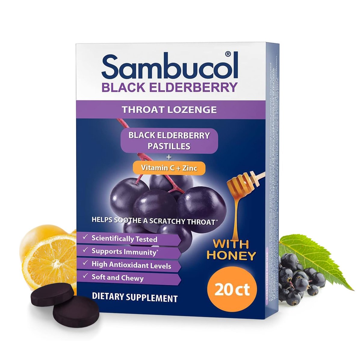Sambucol Holunderbeeren Lutschtabletten mit Vitamin C, Zink & Honig – 20 Stück