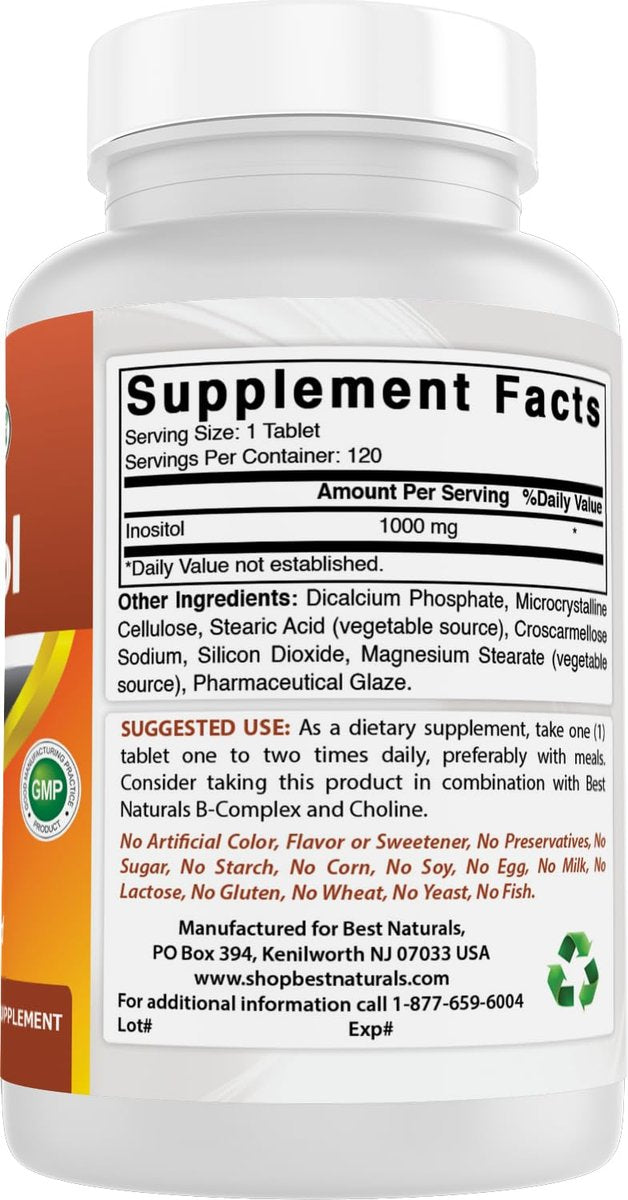 Best Naturals Inositol 1000 mg – 120 Tabletten – Auch als Vitamin B8 bekannt