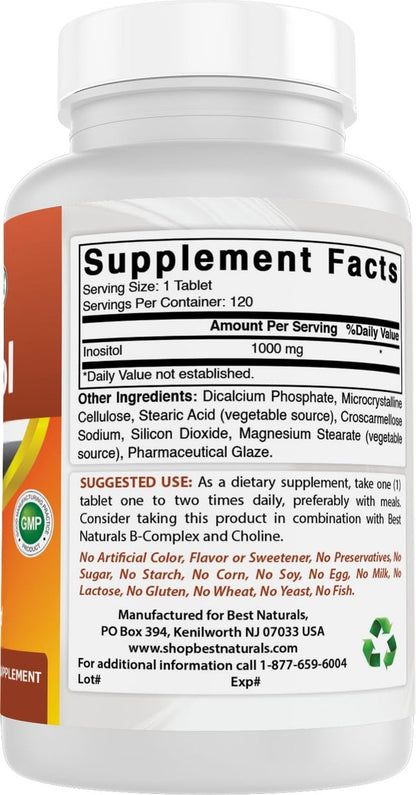 Best Naturals Inositol 1000 mg – 120 Tabletten – Auch als Vitamin B8 bekannt