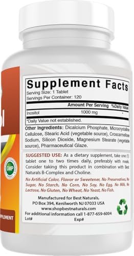 Best Naturals Inositol 1000 mg – 120 Tabletten – Auch als Vitamin B8 bekannt