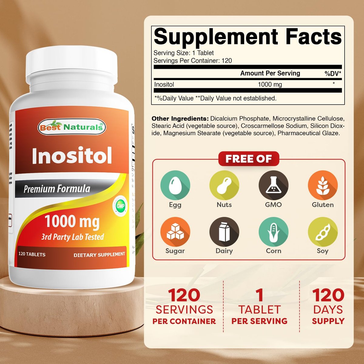 Best Naturals Inositol 1000 mg – 120 Tabletten – Auch als Vitamin B8 bekannt