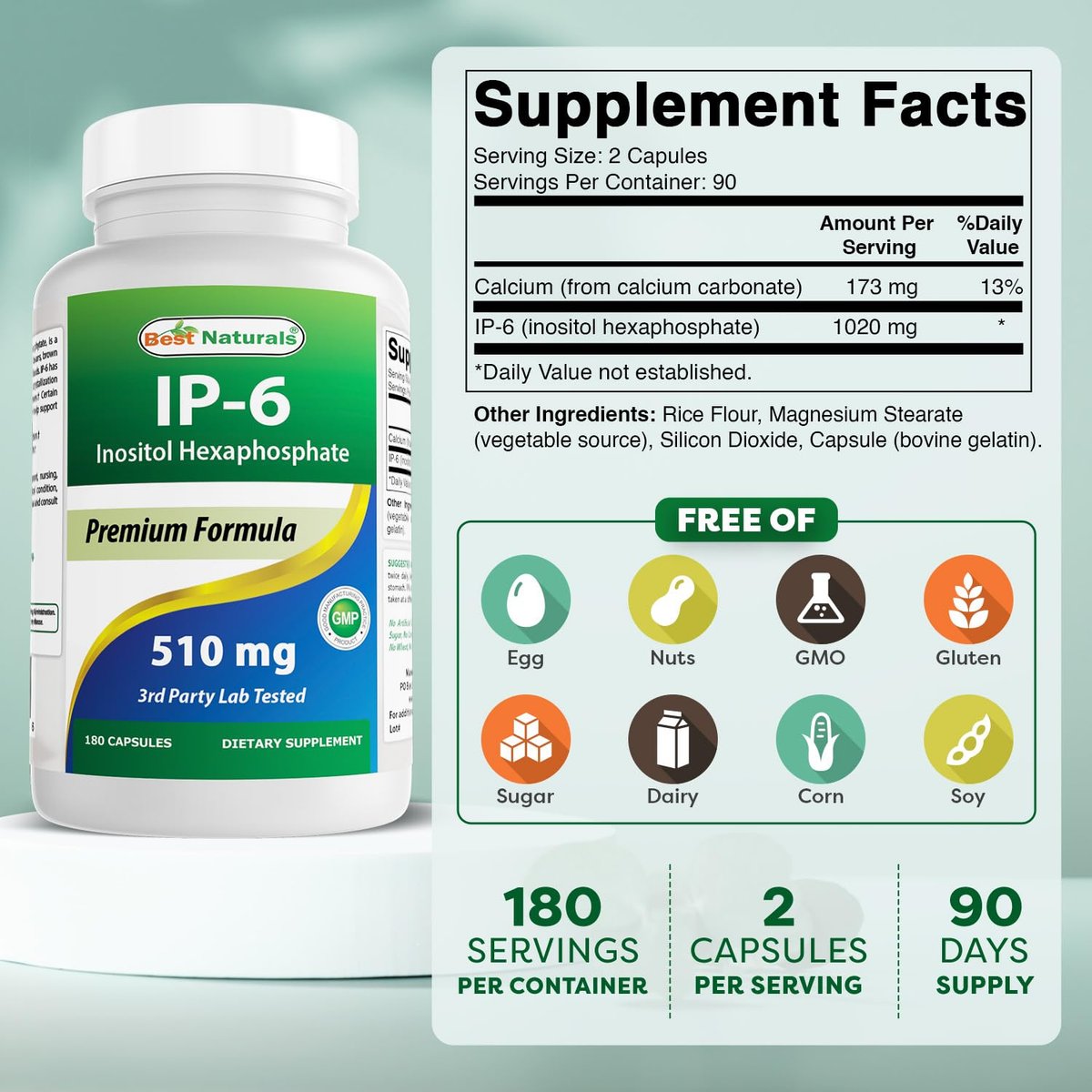 Best Naturals IP-6 510 mg – 180 Kapseln, Inositol-Präparat