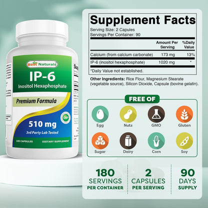 Best Naturals IP-6 510 mg – 180 Kapseln, Inositol-Präparat