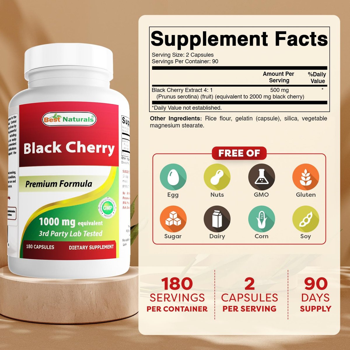Best Naturals Schwarzkirsche 1000 mg Kapseln, 180 Stück