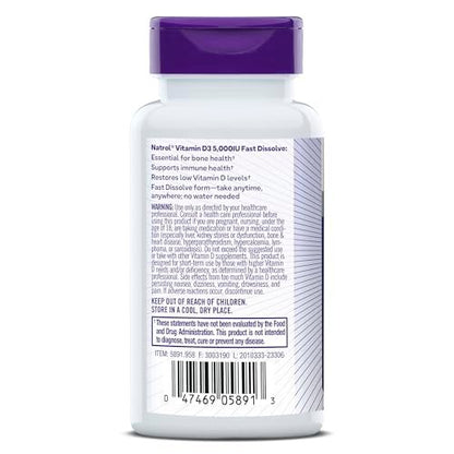 Natrol Vitamin D3 5.000 IE – Hochdosiertes Nahrungsergänzungsmittel für Knochen- und Gelenkgesundheit – 90 Tabletten, 90-Tage-Vorrat