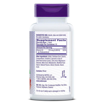 Natrol Vitamin D3 5.000 IE – Hochdosiertes Nahrungsergänzungsmittel für Knochen- und Gelenkgesundheit – 90 Tabletten, 90-Tage-Vorrat