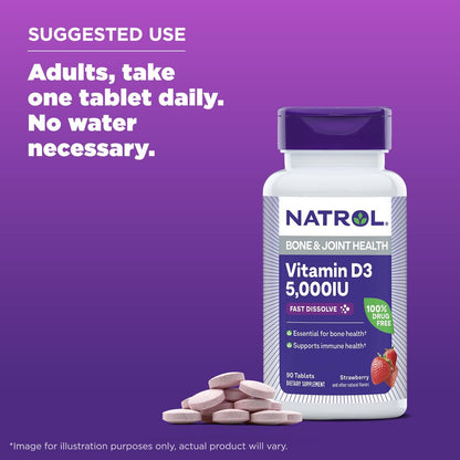 Natrol Vitamin D3 5.000 IE – Hochdosiertes Nahrungsergänzungsmittel für Knochen- und Gelenkgesundheit – 90 Tabletten, 90-Tage-Vorrat