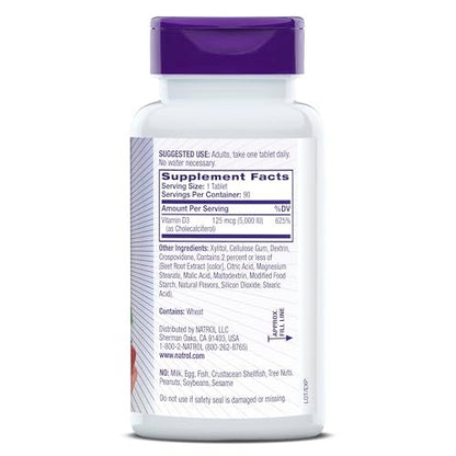 Natrol Vitamin D3 5.000 IE – Hochdosiertes Nahrungsergänzungsmittel für Knochen- und Gelenkgesundheit – 90 Tabletten, 90-Tage-Vorrat