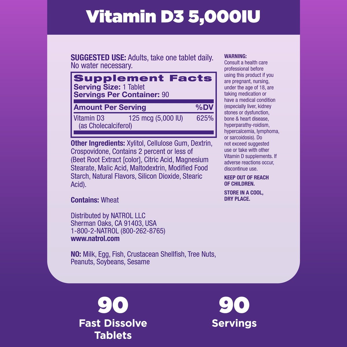 Natrol Vitamin D3 5.000 IE – Hochdosiertes Nahrungsergänzungsmittel für Knochen- und Gelenkgesundheit – 90 Tabletten, 90-Tage-Vorrat