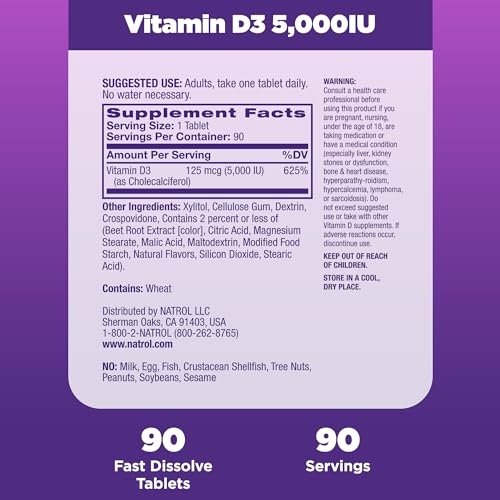 Natrol Vitamin D3 5.000 IE – Hochdosiertes Nahrungsergänzungsmittel für Knochen- und Gelenkgesundheit – 90 Tabletten, 90-Tage-Vorrat