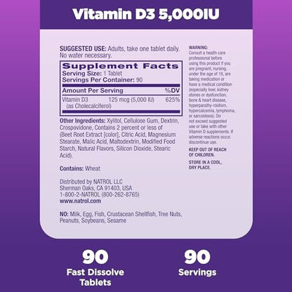 Natrol Vitamin D3 5.000 IE – Hochdosiertes Nahrungsergänzungsmittel für Knochen- und Gelenkgesundheit – 90 Tabletten, 90-Tage-Vorrat