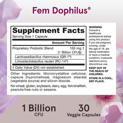 Jarrow Formulas Fem-Dophilus – Vaginale Probiotika 1 Milliarde KBE mit 2 wissenschaftlich gestützten Stämmen, Nahrungsergänzungsmittel für Vaginal- und Harnwegsunterstützung, 30 Kapseln, bis zu 30 Tage Versorgung, haltbar