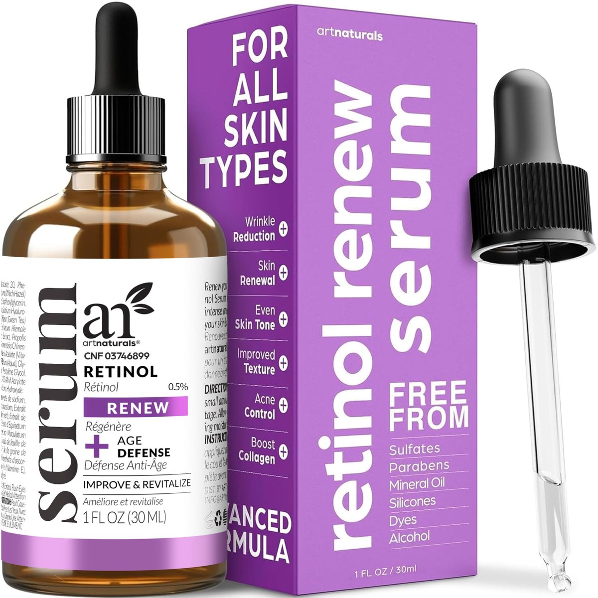ArtNaturals Retinol Serum für das Gesicht – mit Vitamin C, Retinol-Öl & Hyaluronsäure – Anti-Aging, Anti-Falten Augenserum – Hautreparatur, Nachtpflege (30 ml)