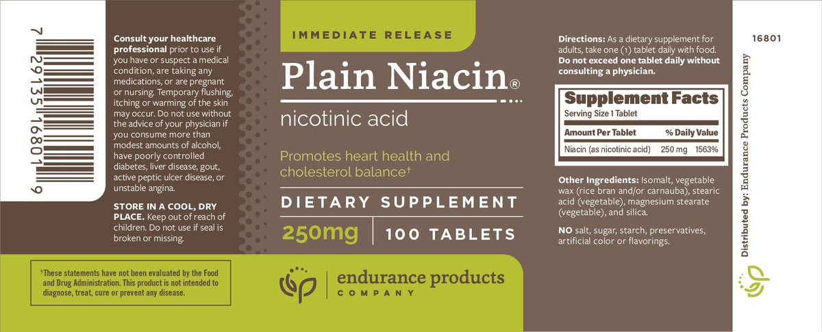 Endur Plain Niacin (Nicotinsäure) 250 mg – 100 Tabletten, Sofortfreisetzung, glutenfrei, für Herzgesundheit & gesunden Cholesterinspiegel