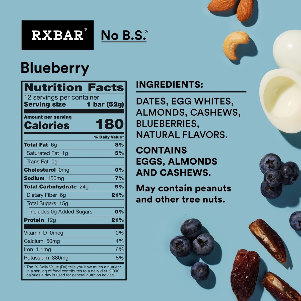 RXBAR Proteinriegel mit Blaubeeren, 22 oz Box (12 Riegel) – Natürlicher Proteinsnack ohne Zuckerzusatz