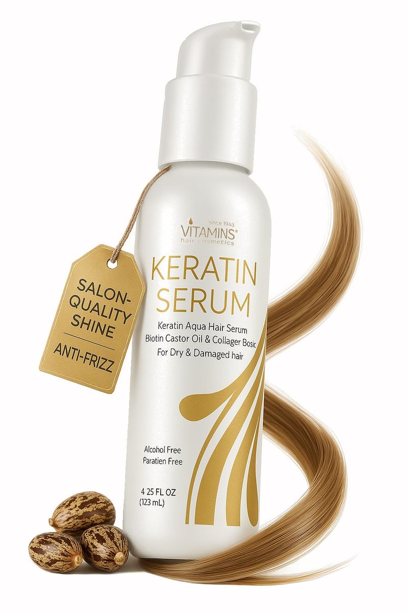 VITAMINS Hair Cosmetics Keratin Haar Serum mit Biotin, Rizinusöl & Kollagen – Anti-Frizz Hitzeschutz & Leave-In Glanzbehandlung für trockenes, geschädigtes, coloriertes Haar – 125 ml