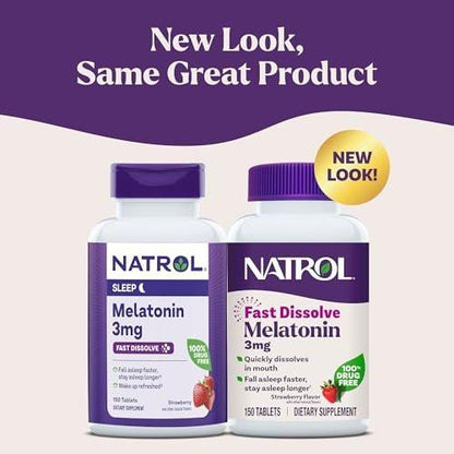 Natrol Fast Dissolve Melatonin 3 mg – Erdbeer-Geschmack, 150 Tabletten für erholsamen Schlaf bei Erwachsenen