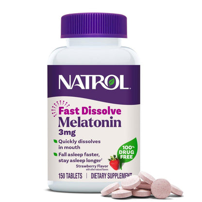 Natrol Fast Dissolve Melatonin 3 mg – Erdbeer-Geschmack, 150 Tabletten für erholsamen Schlaf bei Erwachsenen