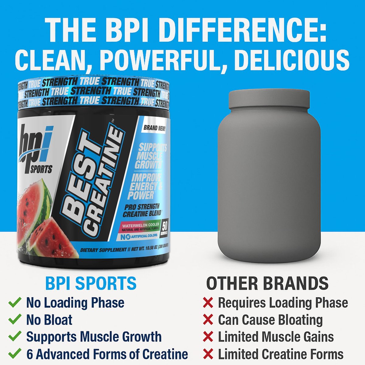 BPI Sports Best Creatin – Kreatin-Monohydrat-Pulver für Männer & Frauen, Himalaya-Salz – Kraft, Pump, Muskelwachstum, Muskeldefinition – ohne Blähungen – Wassermelone Cooler – 50 Portionen – 10,58 Unzen