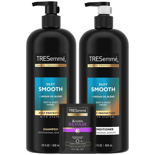 TRESemmé Shampoo und Conditioner Set, Seidig & Glatt + Keratin Repair Haarmaske – Anti-Frizz Haarpflege mit Argan Oleo Mischung (3-teiliges Set)