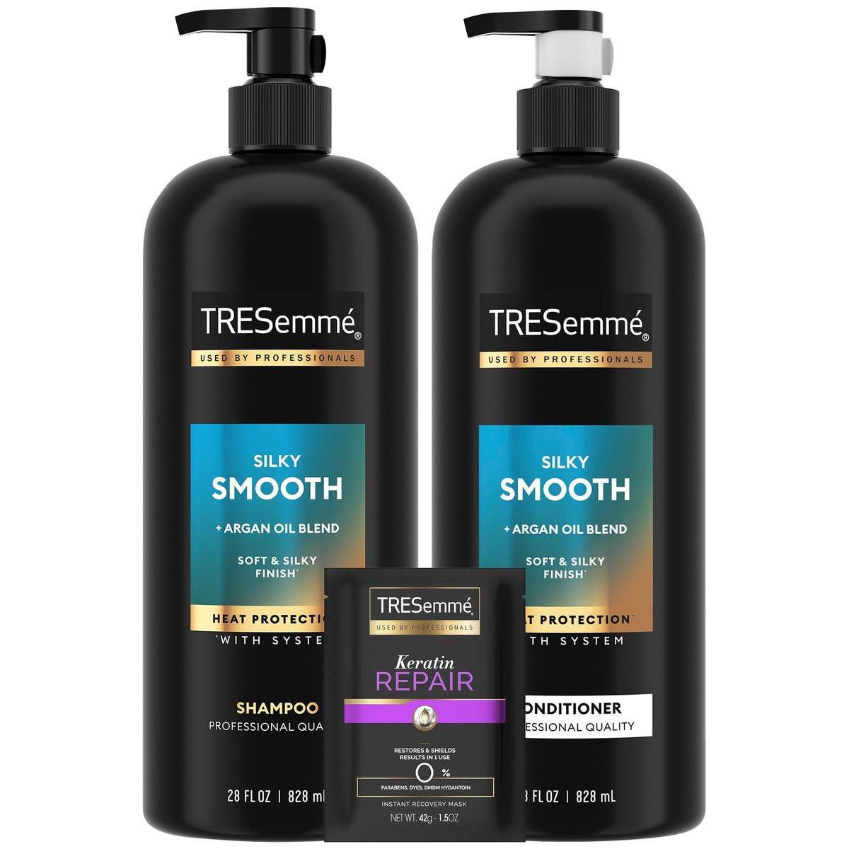 TRESemmé Shampoo und Conditioner Set, Seidig & Glatt + Keratin Repair Haarmaske – Anti-Frizz Haarpflege mit Argan Oleo Mischung (3-teiliges Set)