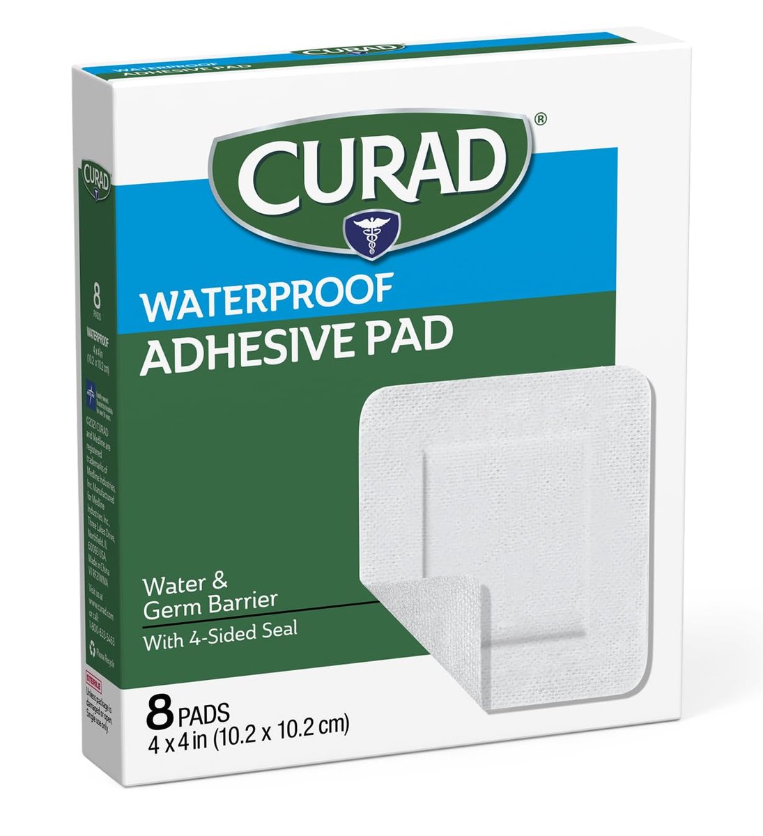 CURAD Waterproofe Klebepads, Weiß, 10 x 10 cm, Fortschrittliche Wundversorgung, 1 Box mit 8 Stück