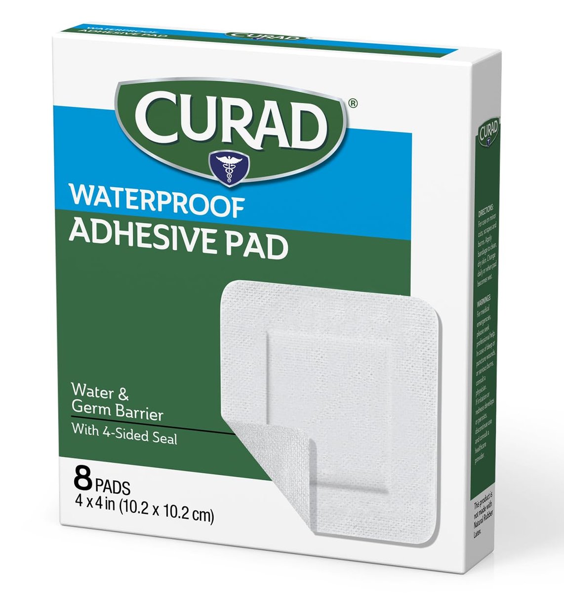 CURAD Waterproofe Klebepads, Weiß, 10 x 10 cm, Fortschrittliche Wundversorgung, 1 Box mit 8 Stück