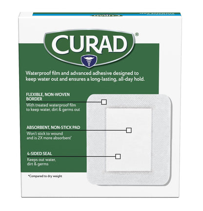 CURAD Waterproofe Klebepads, Weiß, 10 x 10 cm, Fortschrittliche Wundversorgung, 1 Box mit 8 Stück
