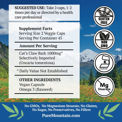 Pure Mountain Botanicals Katzenkralle Kapseln - 90 vegane Koscher-Kapseln mit 1000 mg peruanischer Katzenkralle Uncaria Tomentosa Kräuterergänzung