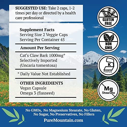 Pure Mountain Botanicals Katzenkralle Kapseln - 90 vegane Koscher-Kapseln mit 1000 mg peruanischer Katzenkralle Uncaria Tomentosa Kräuterergänzung
