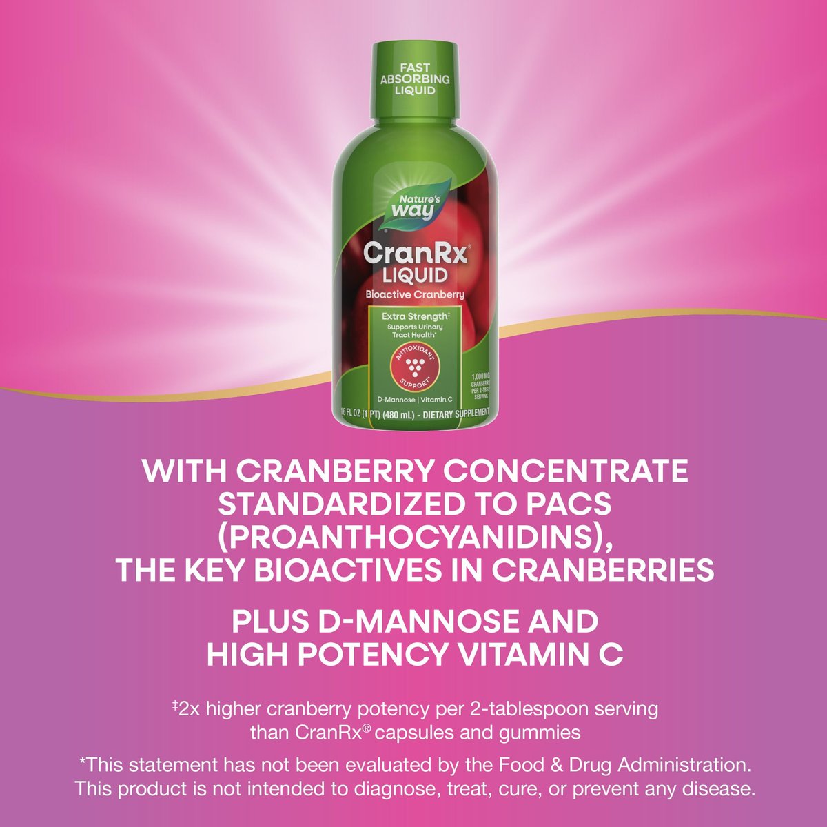 Nature's Way CranRx Extra Strength(1) Flüssigkeit – 1.000 mg Cranberry pro 2 EL Portion, mit D-Mannose, Vitamin C und Hibiskus, unterstützt die Harnwegsgesundheit*, glutenfrei, vegan, 473 ml