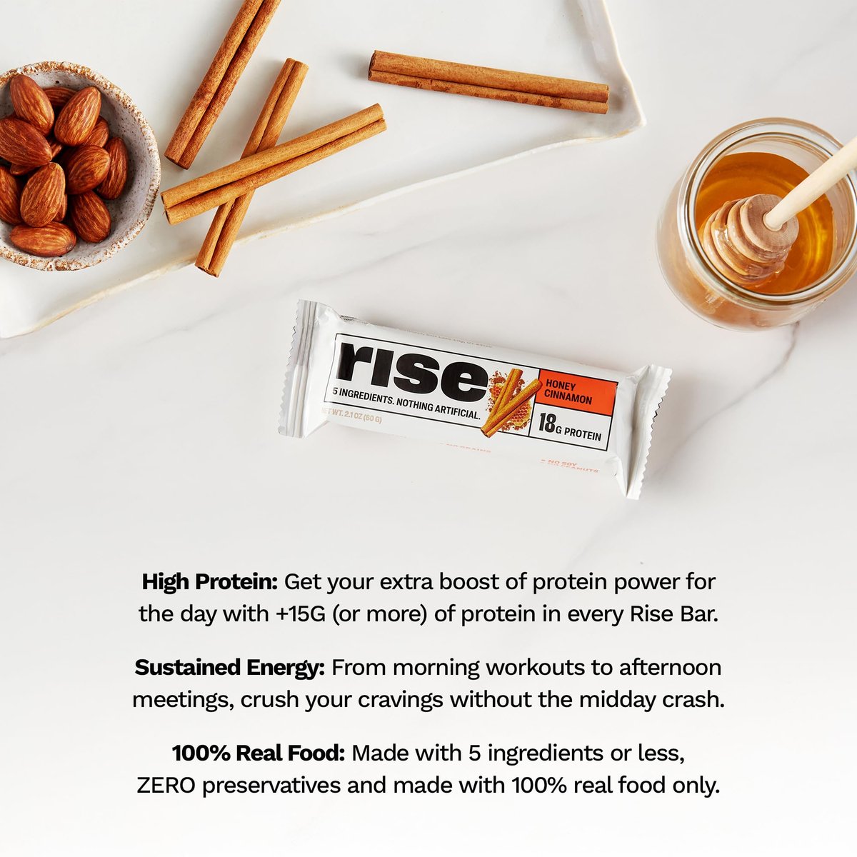 Rise Whey Protein Bars - Honig Zimt | Proteinriegel mit 18g Protein, 4g Ballaststoffen, nur 5 Vollwertzutaten, glutenfrei, sojafrei (12er Pack)