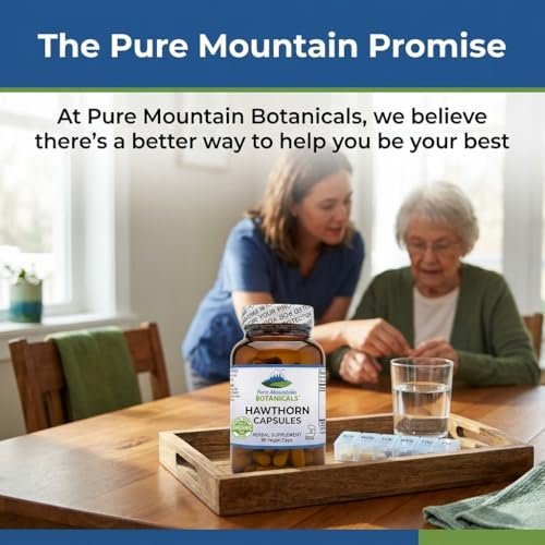 Pure Mountain Botanicals Weißdornkapseln - 1000 mg Bio-Weißdorn pro Portion - 90 vegane Kapseln - Unterstützung für Herz und Herz-Kreislauf-Gesundheit