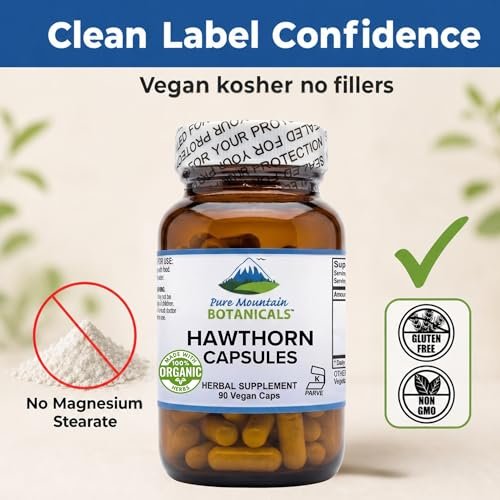 Pure Mountain Botanicals Weißdornkapseln - 1000 mg Bio-Weißdorn pro Portion - 90 vegane Kapseln - Unterstützung für Herz und Herz-Kreislauf-Gesundheit