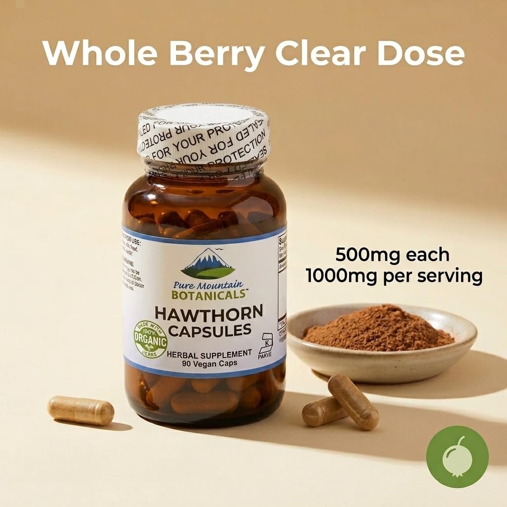Pure Mountain Botanicals Weißdornkapseln - 1000 mg Bio-Weißdorn pro Portion - 90 vegane Kapseln - Unterstützung für Herz und Herz-Kreislauf-Gesundheit