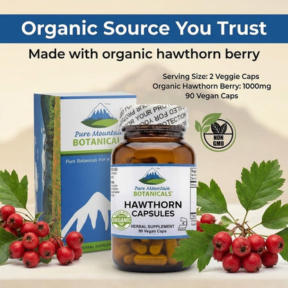 Pure Mountain Botanicals Weißdornkapseln - 1000 mg Bio-Weißdorn pro Portion - 90 vegane Kapseln - Unterstützung für Herz und Herz-Kreislauf-Gesundheit
