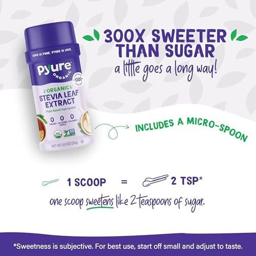 Pyure Bio-Stevia-Extrakt-Pulver – 100 % reiner Stevia-Blätter-Extrakt, ohne Füllstoffe, zuckerfrei, keto- und paläofreundlich, diabetikerfreundlich, null Kalorien, 300-mal süßer als Zucker, 1.000 Portionen, USDA Bio