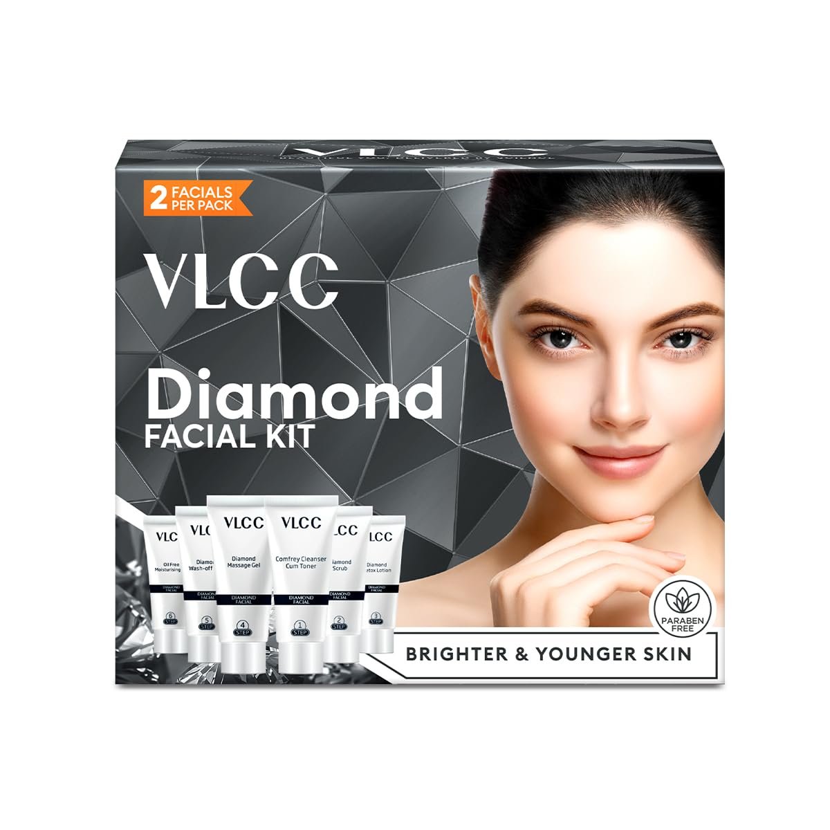 VLCC Diamond Facial Kit – Einmalanwendung für ein Salon-ähnliches Gesichtserlebnis zu Hause in nur 6 Schritten | Inklusive Reiniger, Peeling, Creme, Gesichtsmaske & Feuchtigkeitsgels | 60 g