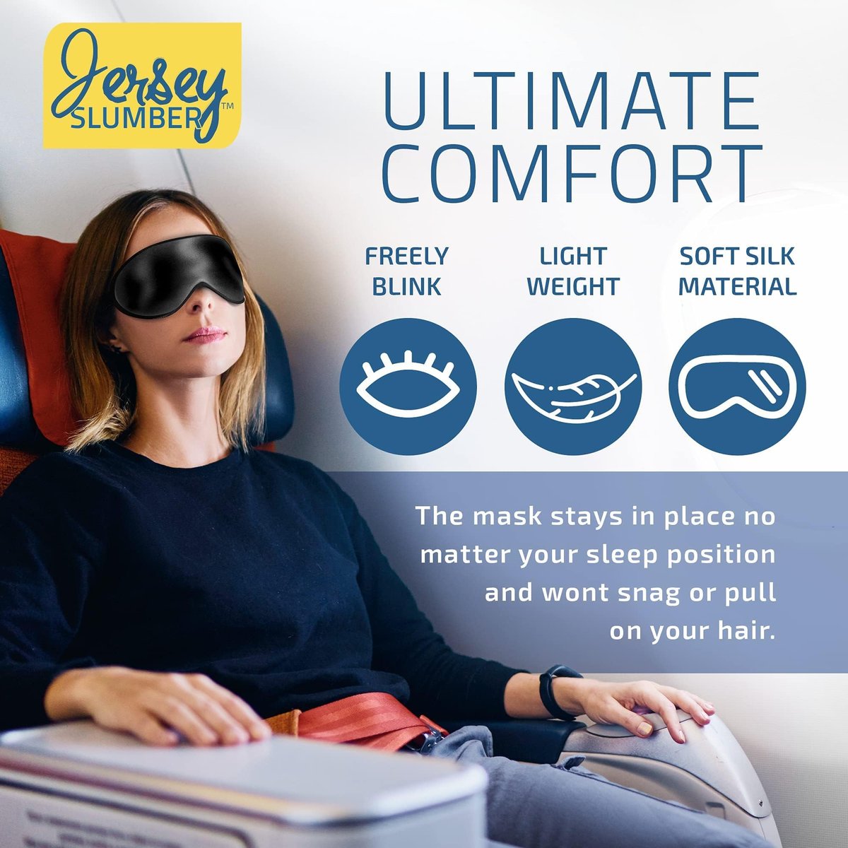 Jersey Slumber 100% Seiden Schlafmaske für Damen Herren Seitenschläfer - Lichtblockierende Augenmaske zum Schlafen, Null Druck weiches Stirnband, verstellbares Band, Seiden Augenabdeckung für Reisen Nickerchen - Schwarz