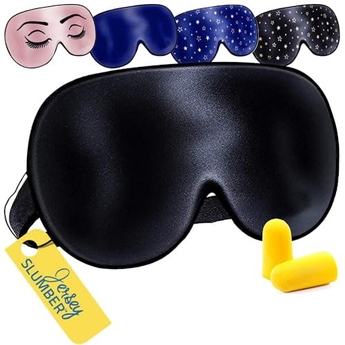 Jersey Slumber 100% Seiden Schlafmaske für Damen Herren Seitenschläfer - Lichtblockierende Augenmaske zum Schlafen, Null Druck weiches Stirnband, verstellbares Band, Seiden Augenabdeckung für Reisen Nickerchen - Schwarz