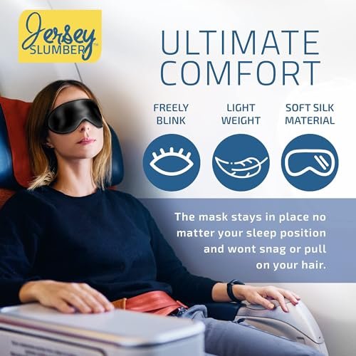 Jersey Slumber 100% Seiden Schlafmaske für Damen Herren Seitenschläfer - Lichtblockierende Augenmaske zum Schlafen, Null Druck weiches Stirnband, verstellbares Band, Seiden Augenabdeckung für Reisen Nickerchen - Schwarz